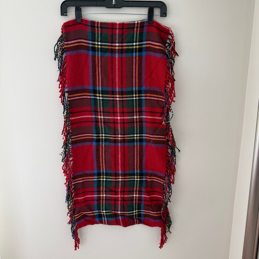 Red Plaid Infinity Scarf Fringed Tartan Loop Winter Scarf Multi Color